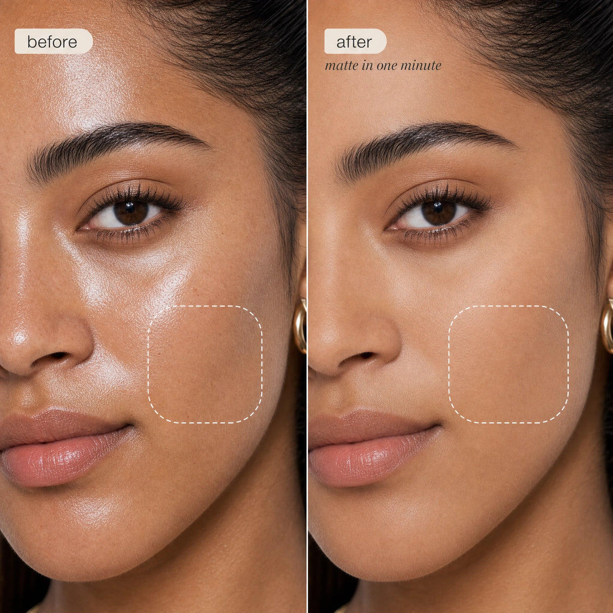 Before-and-after close-up of a cheek: shine before misting, matte finish after