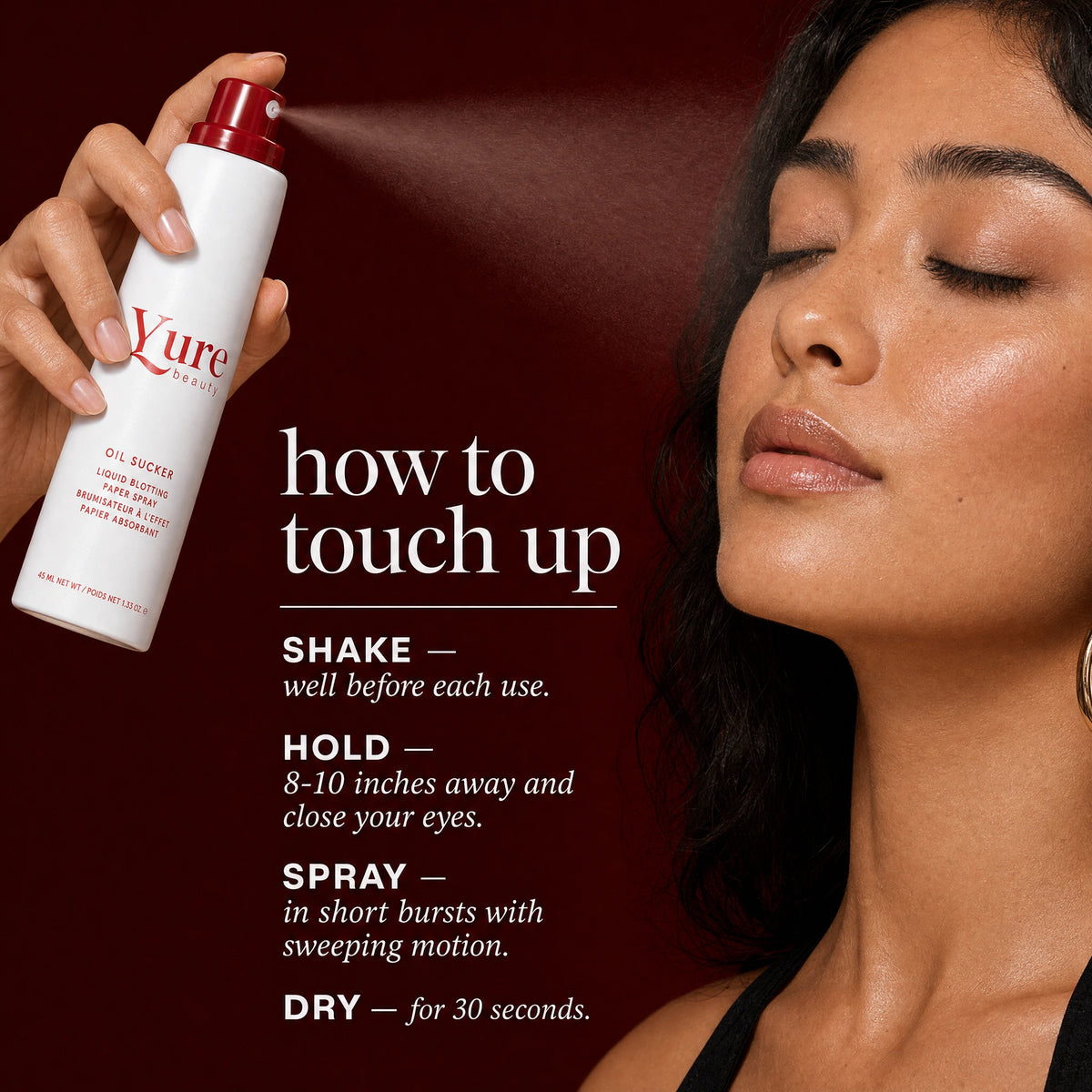 Model demonstrating the touch-up steps — shake, hold 8-10 inches away, spray in short bursts, dry for 30 seconds — holding the 45ml travel-size bottle