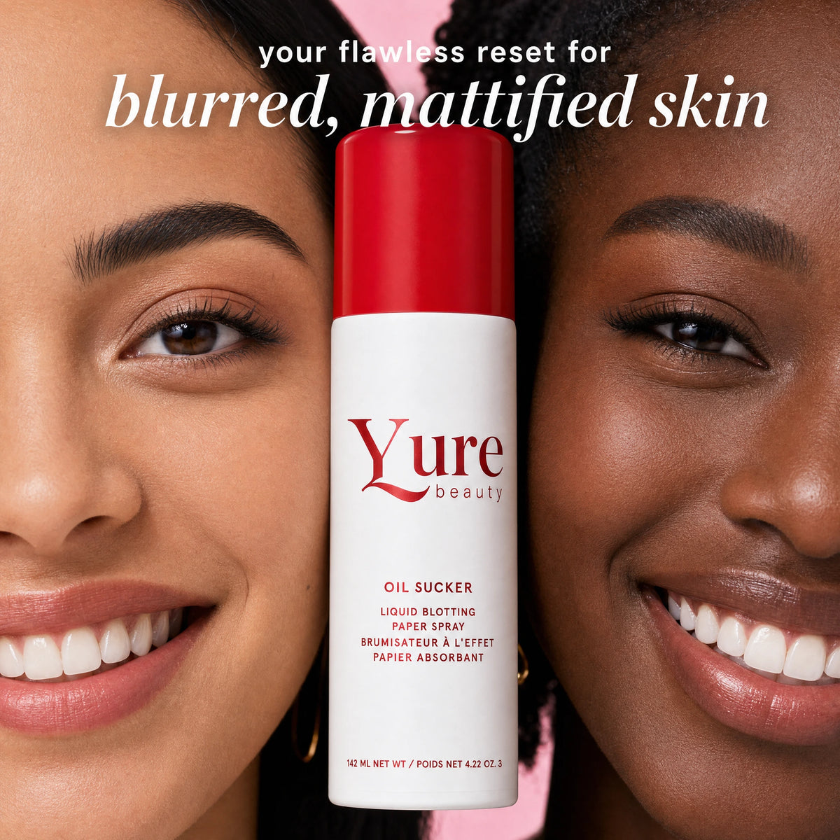 Two models with the bottle held between their faces, showing the mist's blurred, mattified finish